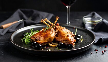 Roasted chicken legs, olives, herbs