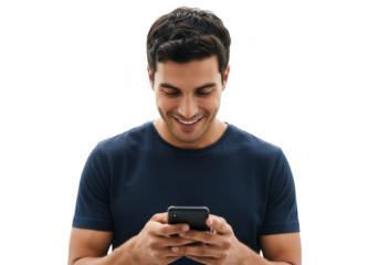 Young man smiling while looking at his smartphone isolated on transparent background