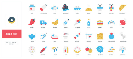 Grocery food ingredients for cooking, organic vitamin fruit and vegetables, meat, cheese color icon set. Farm market fresh products, bread, dessert and snack for breakfast flat vector illustration