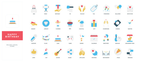 Happy Birthday party planning and organization, festive decoration, drink and food, entertainment for guests color icon set. Invitation to event, birthday dinner, supplies flat vector illustration