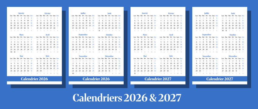 Template of French calendar 2026 and 2027 on A4 format size. Week start on Monday.Sunday as weekend.calendar split into two page.first page from January to June and second page from July to December.