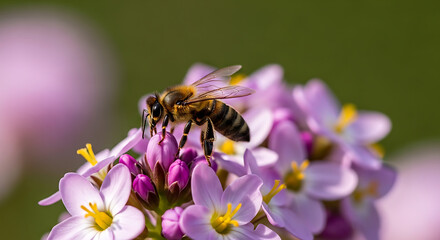 A bee on a cluster of light purple flowers with yellow centers in a close up shot on a sunny day