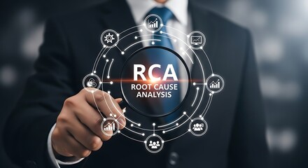 Businessman pointing to a digital interface showing root cause analysis concept