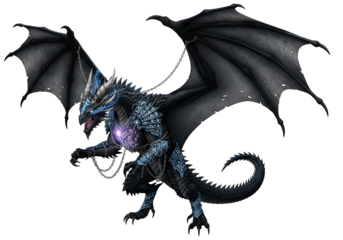 A majestic dragon, adorned with intricate armor and glowing accents, commands the dark background.