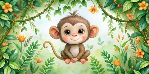 Naklejka premium Photo of cute cartoon baby monkey sitting in a lush green jungle with yellow flowers and vines
