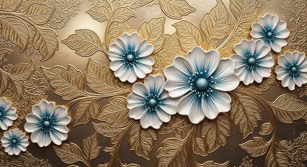 Elegant 3D floral wallpaper featuring white and blue flowers on a golden embossed leaf background, creating a luxurious decorative pattern.