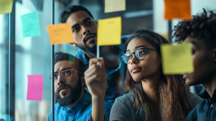 Three young professionals collaborate by writing on colorful sticky notes on a glass wall during a brainstorming session, symbolizing teamwork, creativity, planning, and innovation in a modern office.