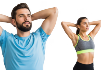 Man and woman exercising with hands behind head isolated on transparent background