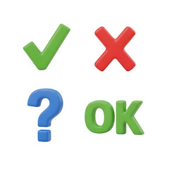 Green checkmark red cross blue question mark and OK text
