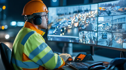 Engineer in safety gear monitors multiple screens displaying port operations and logistics control. Concept of industrial safety, shipping management, and smart infrastructure technology