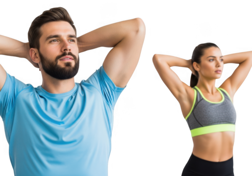 Man and woman exercising with hands behind head isolated on transparent background - Powered by Adobe
