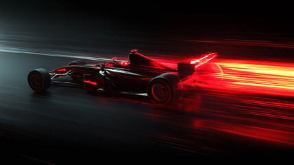 A sleek futuristic sports car speeds around a glowing racetrack at night, surrounded by vibrant neon light trails. Concept of speed, technology, cyberpunk racing, and modern automotive design.