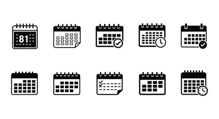 Collection of black and white calendar icons depicting scheduling and time management