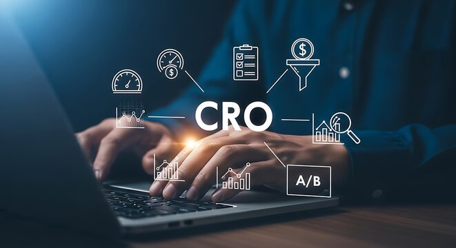 Cro concept with icons and a person working on a laptop - Powered by Adobe