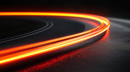 Abstract neon light trails in red and blue curving through a futuristic race track at night, symbolizing speed, motion, cyberpunk design, technology, and high-energy racing environments.