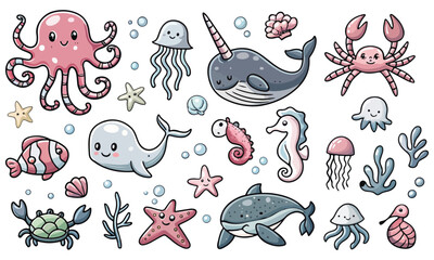 Cute Sea Animals Clipart  Ocean Creatures, Whales, Narwhal, Octopus, Crab and Fish Vector Set