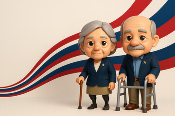 Veterans Day Tribute &ndash; Elderly Cartoon Veteran Couple with Cane and Walker