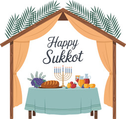 Happy Sukkot Celebration with Traditional Jewish Holiday Table