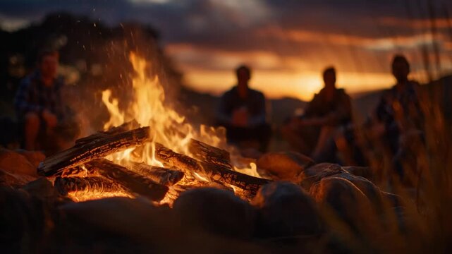 A cozy backyard fire pit gathering with friends, animated conversations, soft music, and a stunning sunset backdrop.