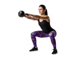 Woman performing a kettlebell squat exercise isolated on transparent background