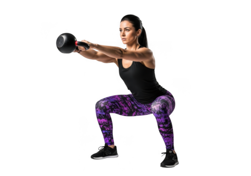 Woman performing a kettlebell squat exercise isolated on transparent background