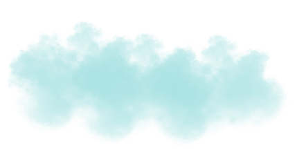 Abstract swirling cyan and teal cloud-like smoke formations with soft edges on a dark surface isolated on white background