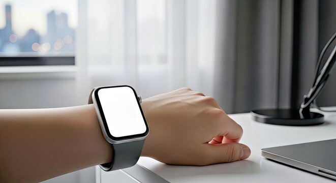 A Blank Smartwatch Screen Mockup on a Bedside Table