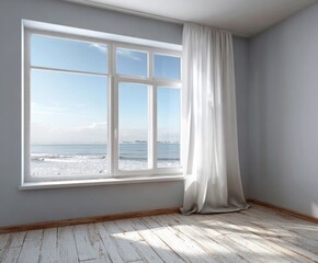 Obraz premium A tranquil room with a large window showcasing a serene ocean view. Light airy drapes frame the expansive vista.