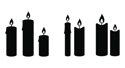 Silhouetted candles of varying heights illuminate a dark simple background