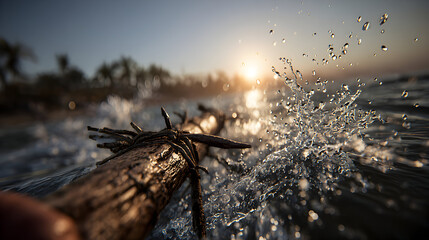 Close-up of a hand holding a piece of driftwood in ocean water at sunset.