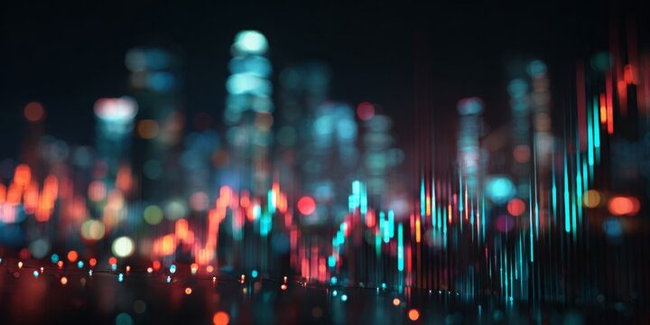 Data Visualization with Stock Market Trends and Urban Cityscape at Night with Neon Lights and Reflections