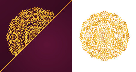 Elegant Dual Mandala Design with Gold Floral Motifs on Maroon and White – Luxury Background for Branding, Invitations, and Artistic Decor