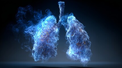 Vibrant blue smoke lungs with particles against dark background