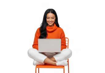 Woman sitting cross legged on chair with laptop isolated on transparent background