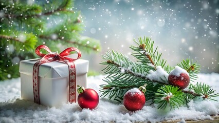 Photo of a single white christmas gift with a red ribbon sits in the snow next to a snowcovered fir branch with red ornaments, under falling snowflakes