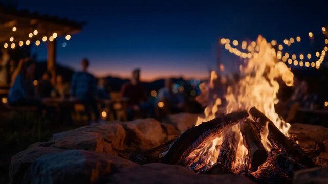 Experience the magic of friendship around a glowing fire pit, silhouetted against a deepening sky, with laughter and connection under twinkling string lights.