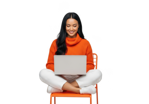 Woman sitting cross legged on chair with laptop isolated on transparent background