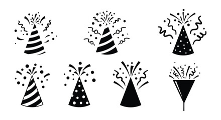 Collection of party hats and celebratory confetti designs in black and white