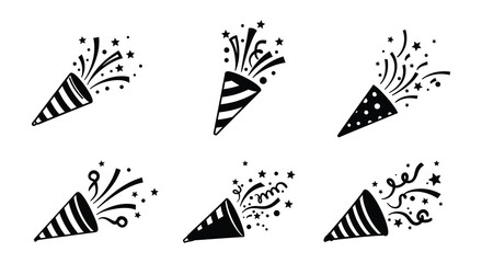 A collection of black and white party poppers with sparkling confetti