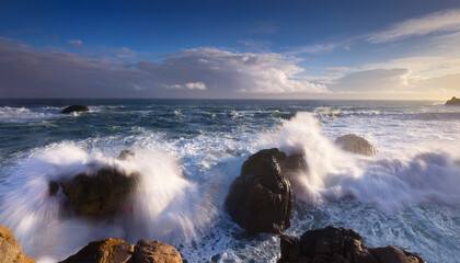 Obraz premium Seascape Waves Crash Rocks