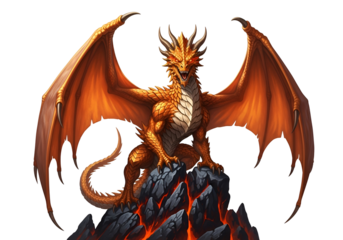 A magnificent orange dragon, with expansive wings, perched atop a fiery rock formation, radiates power and majestic presence.