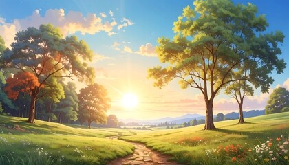 Obraz premium Serene Sunrise Meadow Panorama