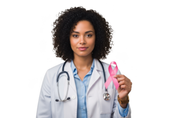 Doctor holding pink ribbon isolated on transparent background