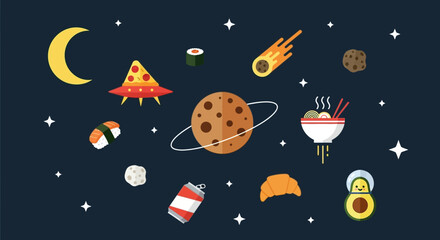 Cosmic Food Planet with orbiting treats and comet.