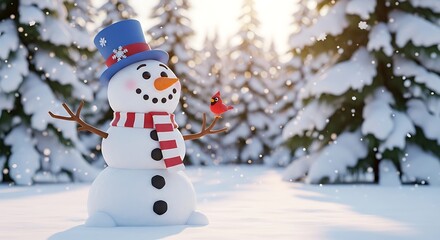 Naklejka premium A smiling snowman wearing a top hat and a scarf in a serene, snowy forest