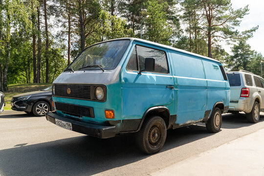 Russia, Sosnovy Bor, July 19, 2025 -Old volkswagen t3 transporter parked on the side of the road