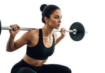 Woman performing barbell back squat isolated on transparent background