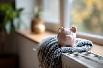A piggy bank on a radiator, symbolizing rising energy costs and the need for households to save money on winter heating bills.