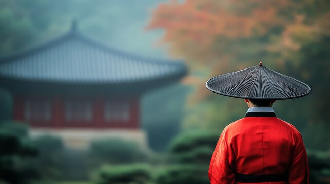 Traditional asian attire: asian male in red robe in serene garden - Powered by Adobe