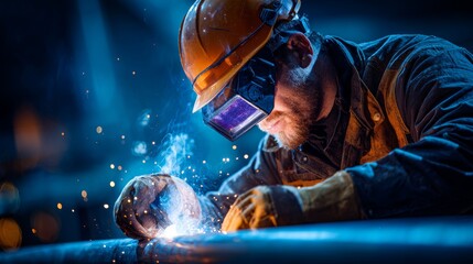 Caucasian male welder wearing protective gear working with intense sparks